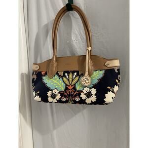 Spartina Blue Floral Linen And Leather Shoulder Bag 15x7x4.5